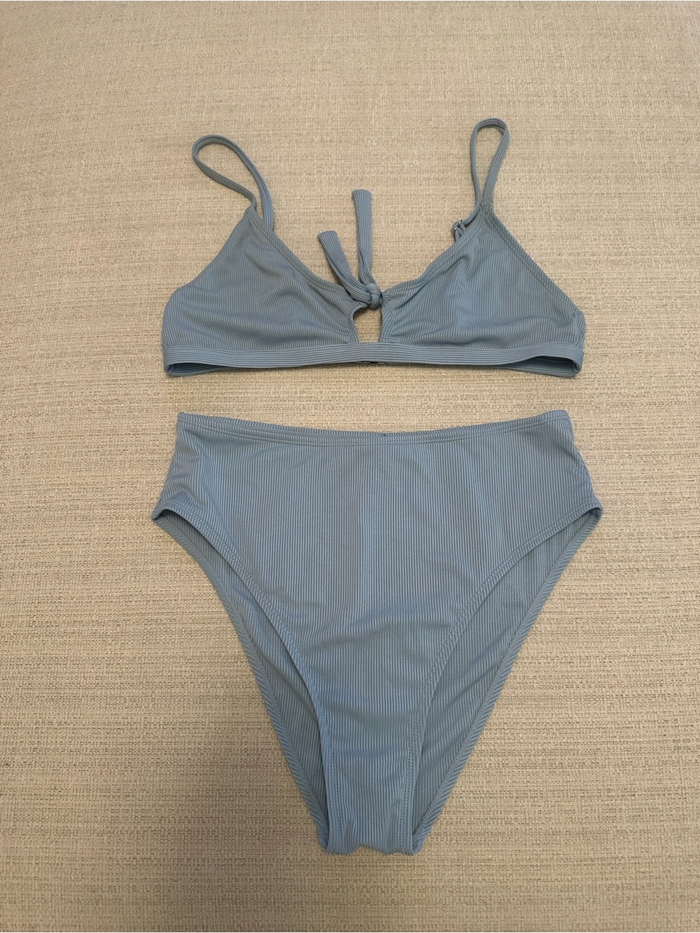 SHEIN Pearl Dusty Blue Ribbed Tie-Front Bikini Set